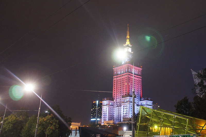 The Palace of Culture and Science at night. 
